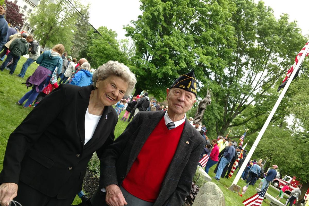 Joanne Patton Congratulated Topsfield Memorial Day Parade Grand Marshal Norm Isler after the 2018 Observance