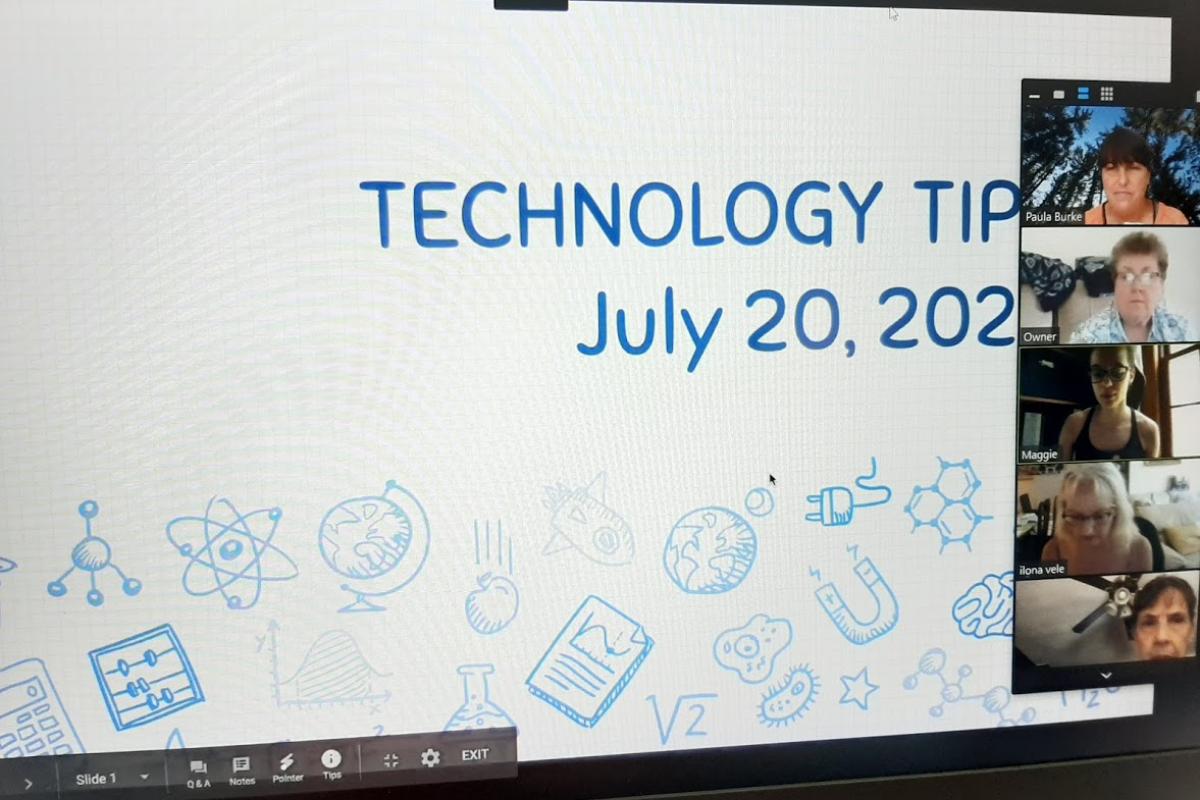 Zoom meeting intro slide about Technology Tips