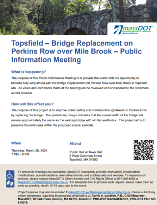 Public announcement flyer for Perkins Row Bridge Replacement meeting