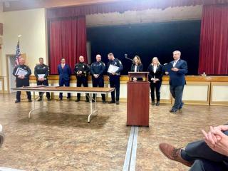 Photo of recognition ceremony with officers, Chief of Police, State Senator and State Reps.